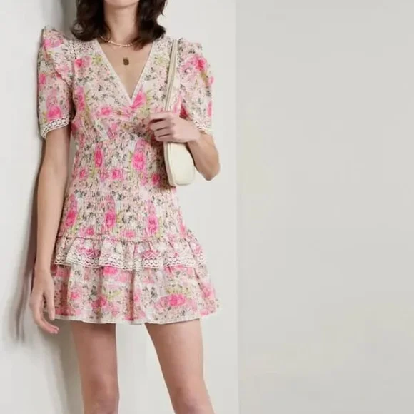 LoveShackFancy Rena Crochet-Trimmed Shirred Floral-Print Cotton-Voile Mini Dress - Picture 2 of 10